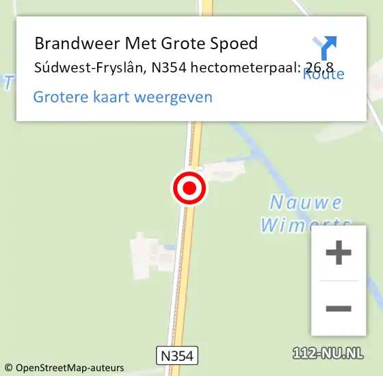 Locatie op kaart van de 112 melding: Brandweer Met Grote Spoed Naar Súdwest-Fryslân, N354 hectometerpaal: 26,8 op 19 april 2025 19:02