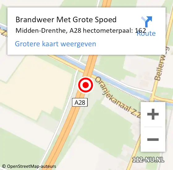 Locatie op kaart van de 112 melding: Brandweer Met Grote Spoed Naar Midden-Drenthe, A28 hectometerpaal: 162 op 20 april 2025 13:44
