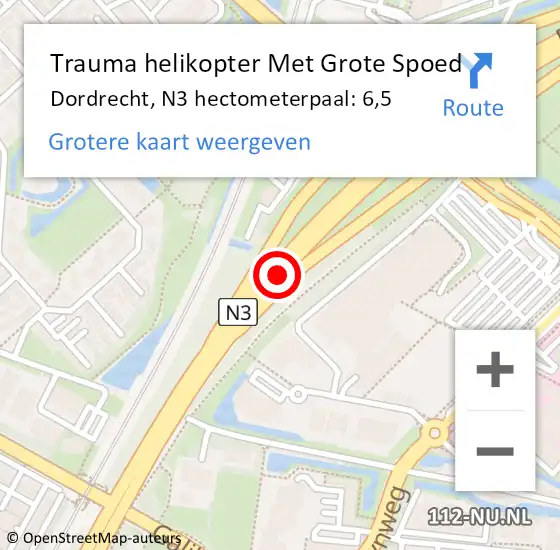 Locatie op kaart van de 112 melding: Trauma helikopter Met Grote Spoed Naar Dordrecht, N3 hectometerpaal: 6,5 op 21 april 2025 17:52