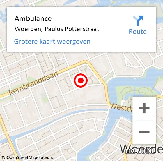 Locatie op kaart van de 112 melding: Ambulance Woerden, Paulus Potterstraat op 21 oktober 2013 06:51