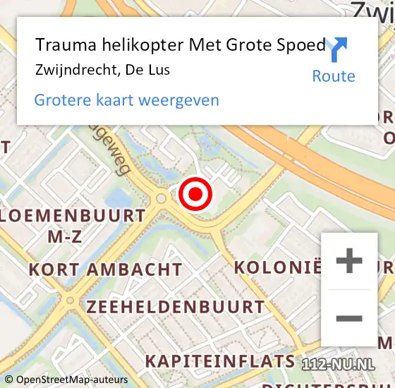 Locatie op kaart van de 112 melding: Trauma helikopter Met Grote Spoed Naar Zwijndrecht, De Lus op 24 april 2025 09:35