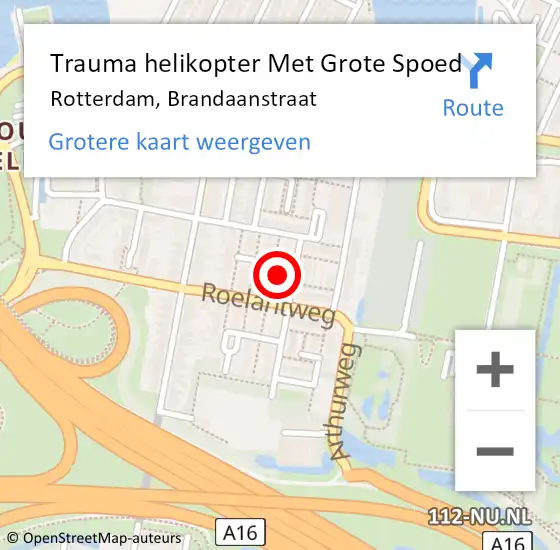Locatie op kaart van de 112 melding: Trauma helikopter Met Grote Spoed Naar Rotterdam, Brandaanstraat op 25 april 2025 23:01