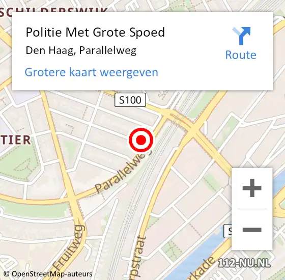 Locatie op kaart van de 112 melding: Politie Met Grote Spoed Naar Den Haag, Parallelweg op 26 april 2025 22:39
