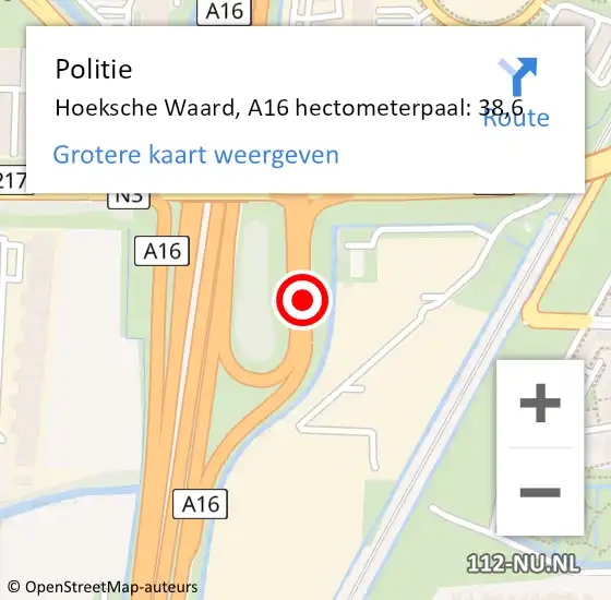 Locatie op kaart van de 112 melding: Politie Hoeksche Waard, A16 hectometerpaal: 38,6 op 27 april 2025 08:46
