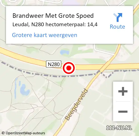 Locatie op kaart van de 112 melding: Brandweer Met Grote Spoed Naar Leudal, N280 hectometerpaal: 14,4 op 28 april 2025 23:55
