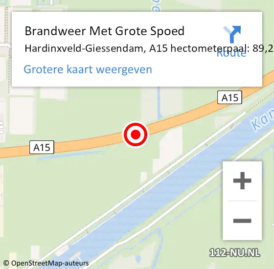 Locatie op kaart van de 112 melding: Brandweer Met Grote Spoed Naar Hardinxveld-Giessendam, A15 hectometerpaal: 89,2 op 29 april 2025 01:43