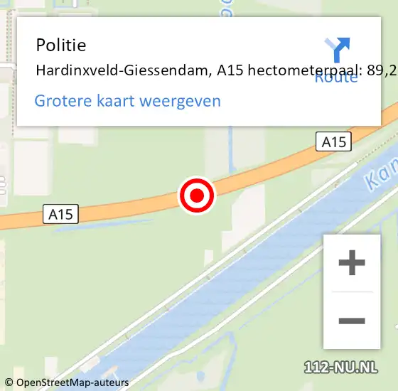 Locatie op kaart van de 112 melding: Politie Hardinxveld-Giessendam, A15 hectometerpaal: 89,2 op 29 april 2025 01:43