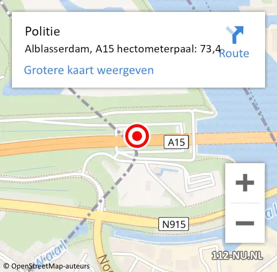Locatie op kaart van de 112 melding: Politie Alblasserdam, A15 hectometerpaal: 73,4 op 29 april 2025 15:57