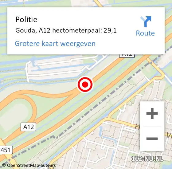 Locatie op kaart van de 112 melding: Politie Gouda, A12 hectometerpaal: 29,1 op 29 april 2025 16:03