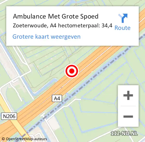 Locatie op kaart van de 112 melding: Ambulance Met Grote Spoed Naar Zoeterwoude, A4 hectometerpaal: 34,4 op 29 april 2025 16:46