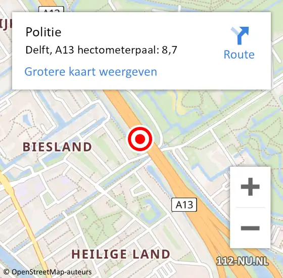 Locatie op kaart van de 112 melding: Politie Delft, A13 hectometerpaal: 8,7 op 29 april 2025 16:50