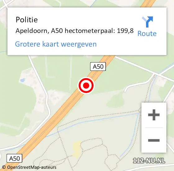 Locatie op kaart van de 112 melding: Politie Apeldoorn, A50 hectometerpaal: 199,8 op 29 april 2025 17:22