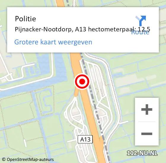 Locatie op kaart van de 112 melding: Politie Pijnacker-Nootdorp, A13 hectometerpaal: 12,5 op 2 mei 2025 10:06