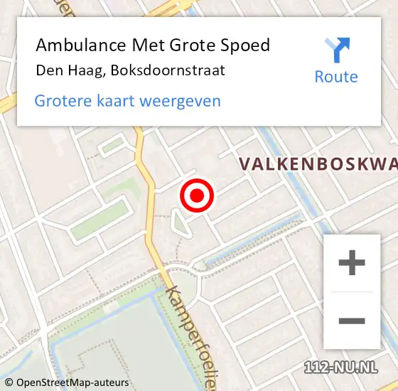 Locatie op kaart van de 112 melding: Ambulance Met Grote Spoed Naar Den Haag, Boksdoornstraat op 5 mei 2025 14:28
