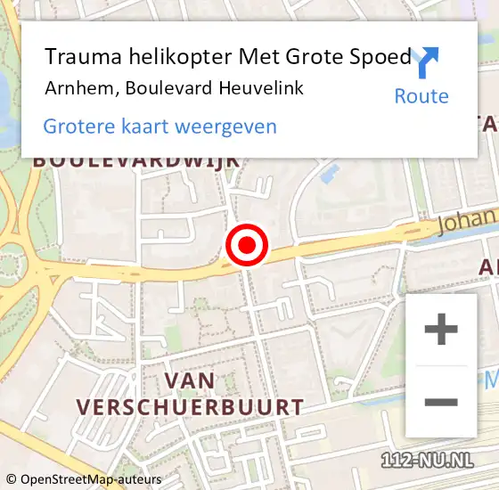 Locatie op kaart van de 112 melding: Trauma helikopter Met Grote Spoed Naar Arnhem, Boulevard Heuvelink op 6 mei 2025 15:10