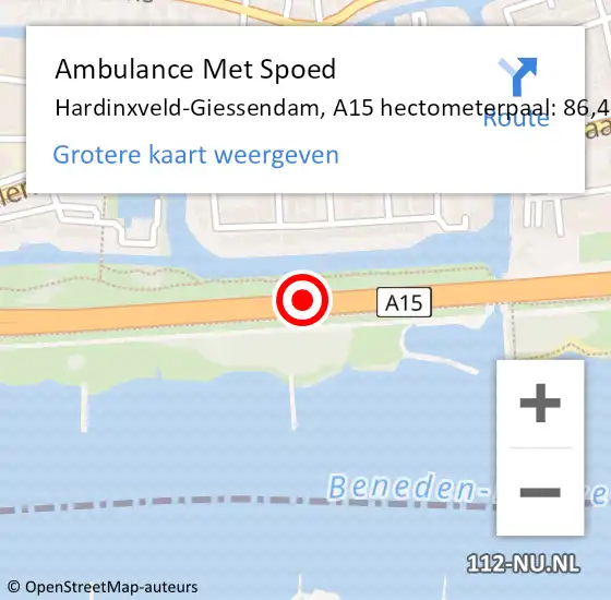 Locatie op kaart van de 112 melding: Ambulance Met Spoed Naar Hardinxveld-Giessendam, A15 hectometerpaal: 86,4 op 8 mei 2025 08:06