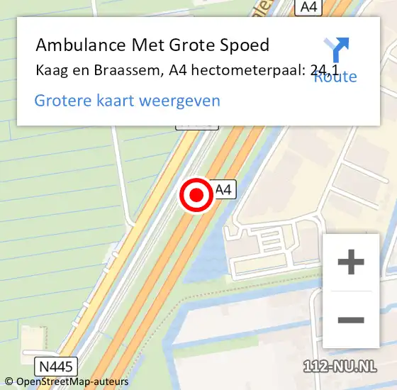 Locatie op kaart van de 112 melding: Ambulance Met Grote Spoed Naar Kaag en Braassem, A4 hectometerpaal: 24,1 op 9 mei 2025 06:08