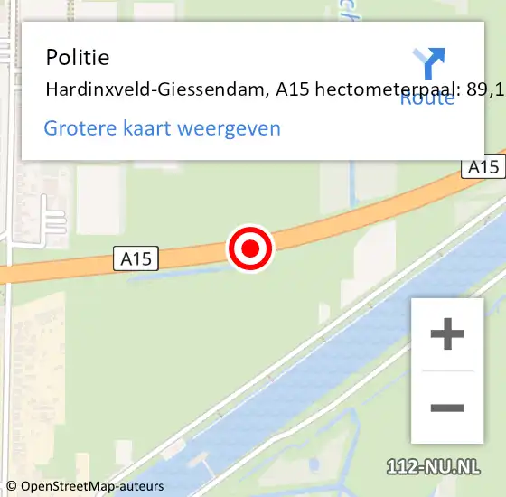 Locatie op kaart van de 112 melding: Politie Hardinxveld-Giessendam, A15 hectometerpaal: 89,1 op 9 mei 2025 06:19