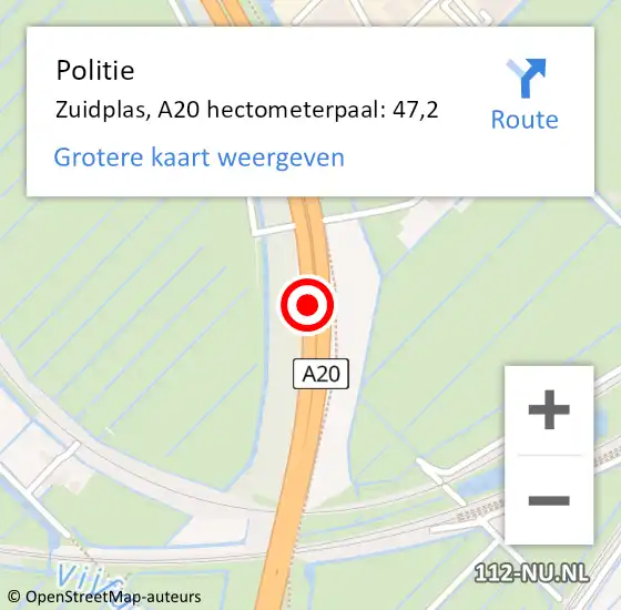 Locatie op kaart van de 112 melding: Politie Zuidplas, A20 hectometerpaal: 47,2 op 9 mei 2025 09:58