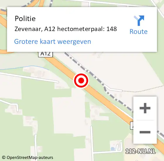 Locatie op kaart van de 112 melding: Politie Zevenaar, A12 hectometerpaal: 148 op 9 mei 2025 22:10
