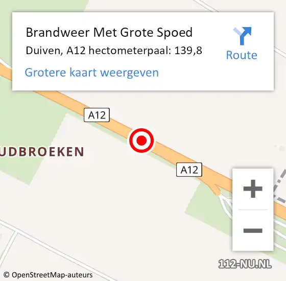 Locatie op kaart van de 112 melding: Brandweer Met Grote Spoed Naar Duiven, A12 hectometerpaal: 139,8 op 9 mei 2025 22:14