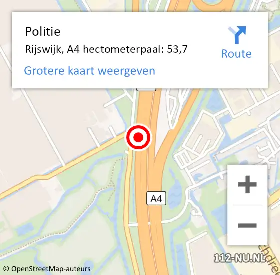Locatie op kaart van de 112 melding: Politie Midden-Delfland, A4 hectometerpaal: 53,7 op 9 mei 2025 22:37