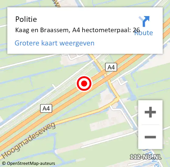 Locatie op kaart van de 112 melding: Politie Kaag en Braassem, A4 hectometerpaal: 26 op 10 mei 2025 02:00