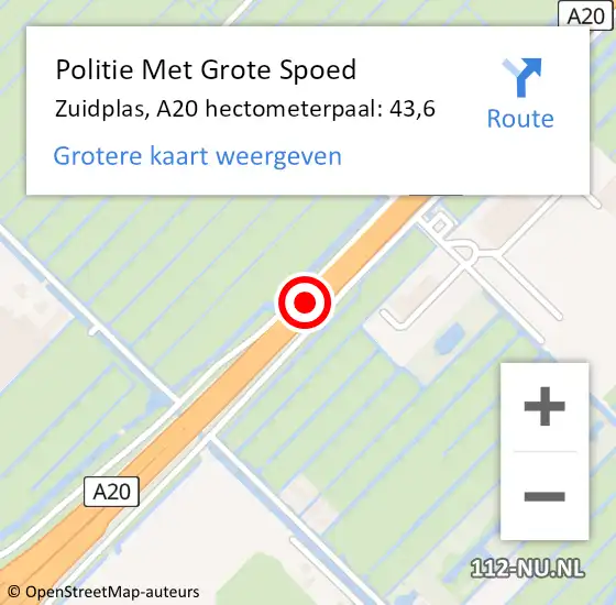 Locatie op kaart van de 112 melding: Politie Met Grote Spoed Naar Zuidplas, A20 hectometerpaal: 43,6 op 10 mei 2025 16:15