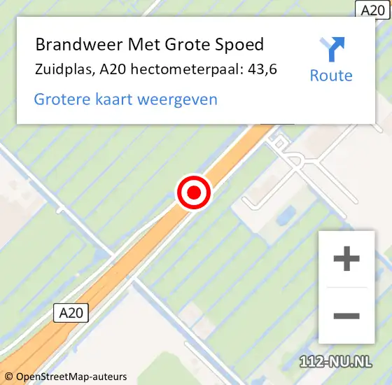 Locatie op kaart van de 112 melding: Brandweer Met Grote Spoed Naar Zuidplas, A20 hectometerpaal: 43,6 op 10 mei 2025 16:15