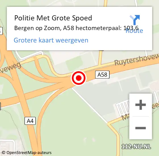 Locatie op kaart van de 112 melding: Politie Met Grote Spoed Naar Bergen op Zoom, A58 hectometerpaal: 103,6 op 10 mei 2025 17:31