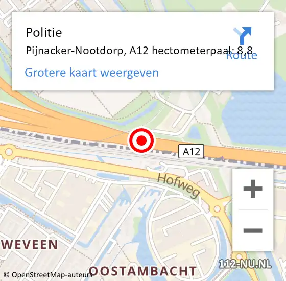 Locatie op kaart van de 112 melding: Politie Pijnacker-Nootdorp, A12 hectometerpaal: 8,8 op 10 mei 2025 20:37