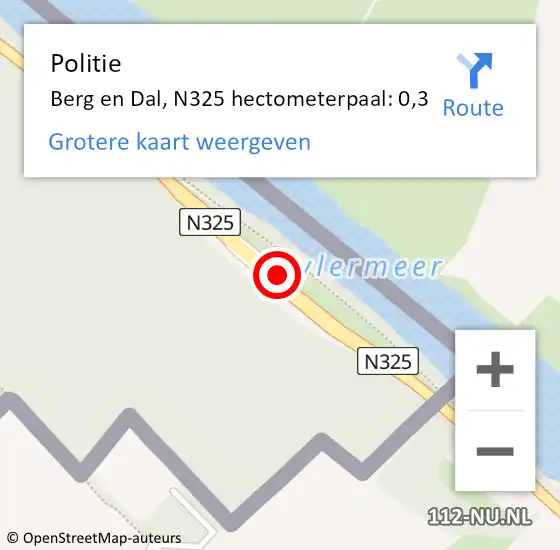 Locatie op kaart van de 112 melding: Politie Berg en Dal, N325 hectometerpaal: 0,3 op 11 mei 2025 13:23