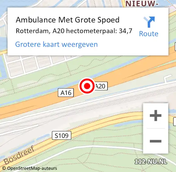 Locatie op kaart van de 112 melding: Ambulance Met Grote Spoed Naar Rotterdam, A20 hectometerpaal: 34,7 op 11 mei 2025 15:48