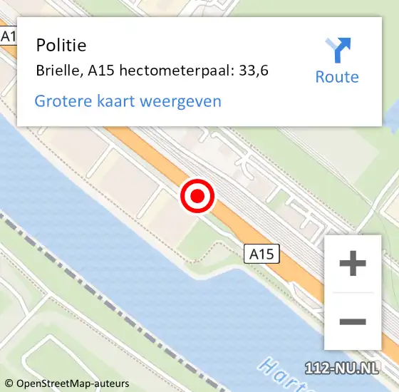 Locatie op kaart van de 112 melding: Politie Brielle, A15 hectometerpaal: 33,6 op 11 mei 2025 16:45