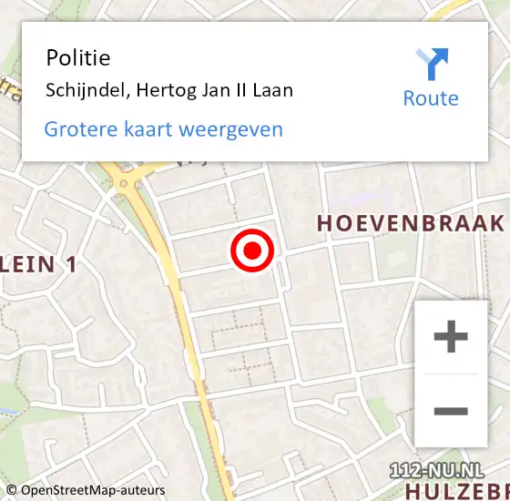 Locatie op kaart van de 112 melding: Politie Schijndel, Hertog Jan II Laan op 11 mei 2025 19:03