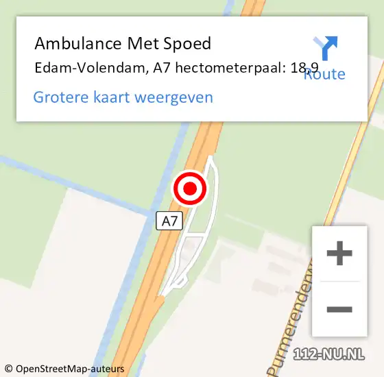 Locatie op kaart van de 112 melding: Ambulance Met Spoed Naar Edam-Volendam, A7 hectometerpaal: 18,9 op 11 mei 2025 19:41