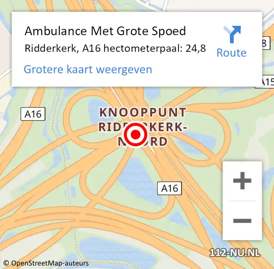 Locatie op kaart van de 112 melding: Ambulance Met Grote Spoed Naar Ridderkerk, A16 hectometerpaal: 24,8 op 11 mei 2025 21:56