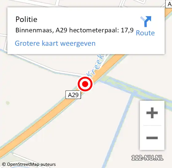 Locatie op kaart van de 112 melding: Politie Hoeksche Waard, A29 hectometerpaal: 17,9 op 12 mei 2025 07:13