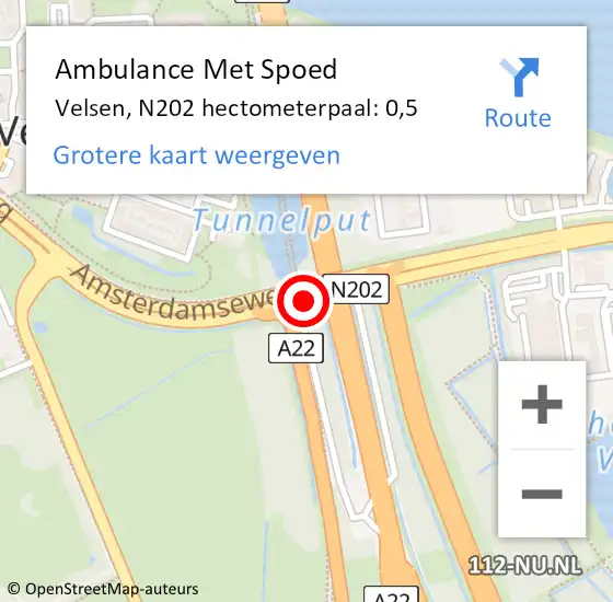 Locatie op kaart van de 112 melding: Ambulance Met Spoed Naar Velsen, N202 hectometerpaal: 0,5 op 12 mei 2025 09:14