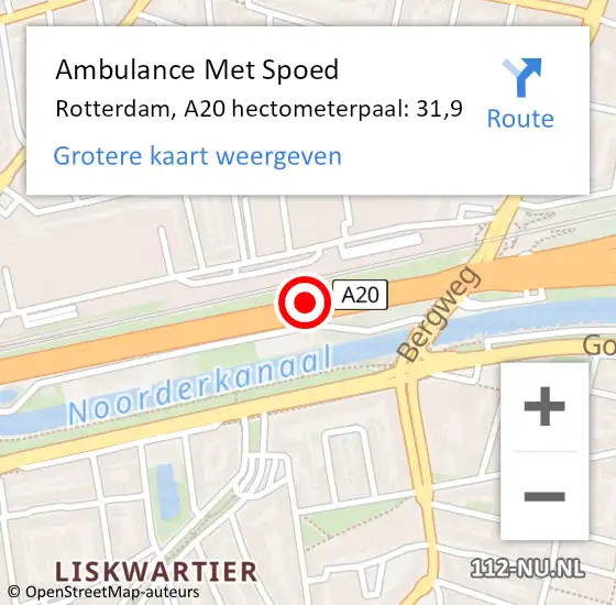 Locatie op kaart van de 112 melding: Ambulance Met Spoed Naar Rotterdam, A20 hectometerpaal: 31,9 op 12 mei 2025 09:38
