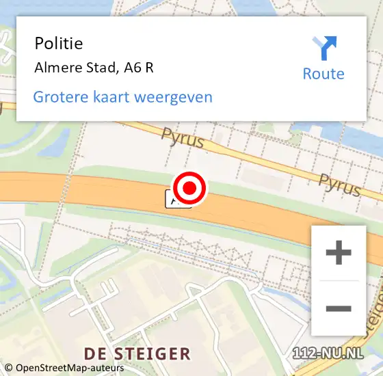 Locatie op kaart van de 112 melding: Politie Almere Stad, A6 R op 16 november 2014 18:23