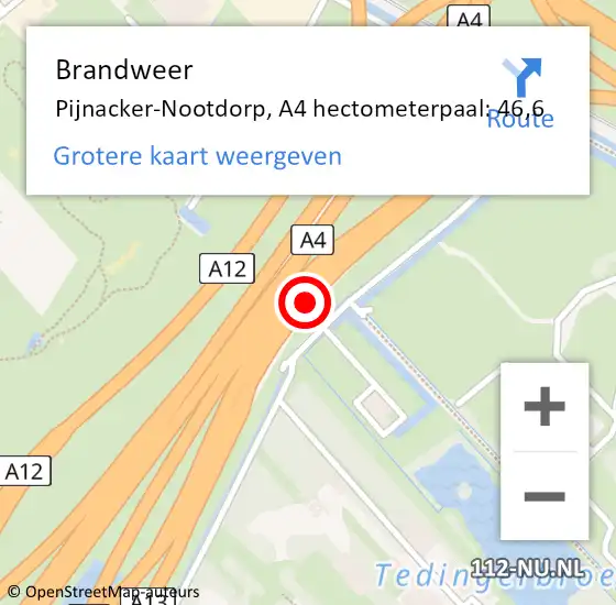 Locatie op kaart van de 112 melding: Brandweer Pijnacker-Nootdorp, A4 hectometerpaal: 46,6 op 13 mei 2025 12:55