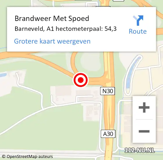 Locatie op kaart van de 112 melding: Brandweer Met Spoed Naar Barneveld, A1 hectometerpaal: 54,3 op 13 mei 2025 15:23
