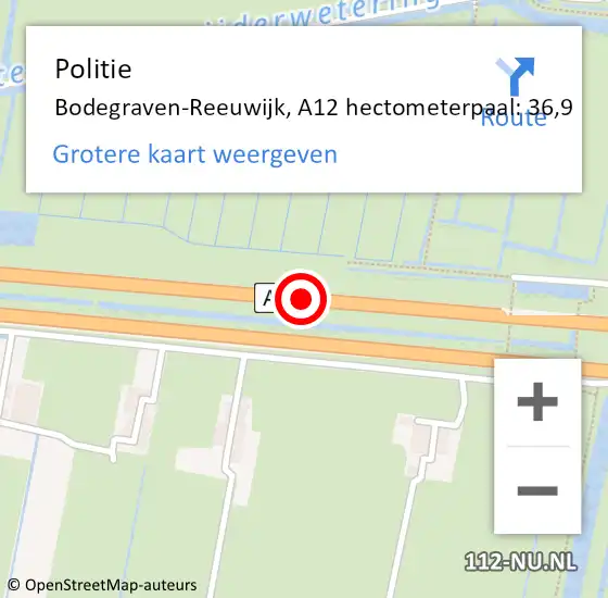 Locatie op kaart van de 112 melding: Politie Bodegraven-Reeuwijk, A12 hectometerpaal: 36,9 op 13 mei 2025 15:24