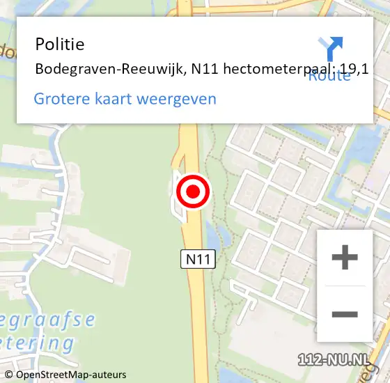 Locatie op kaart van de 112 melding: Politie Bodegraven-Reeuwijk, N11 hectometerpaal: 19,1 op 13 mei 2025 16:32