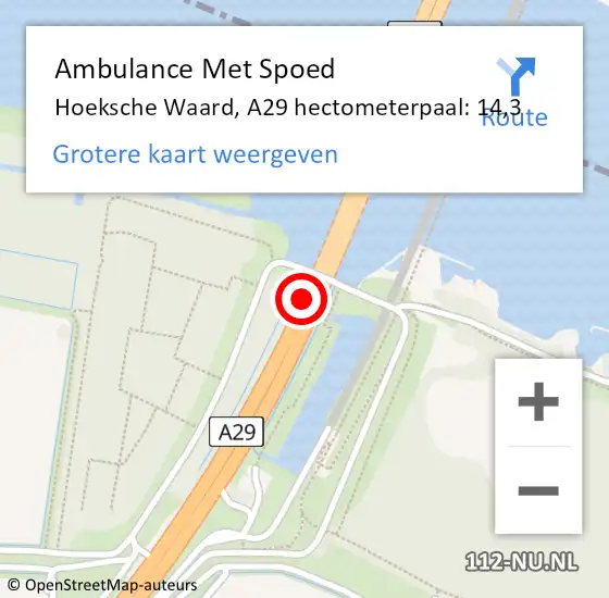 Locatie op kaart van de 112 melding: Ambulance Met Spoed Naar Hoeksche Waard, A29 hectometerpaal: 14,3 op 13 mei 2025 18:57