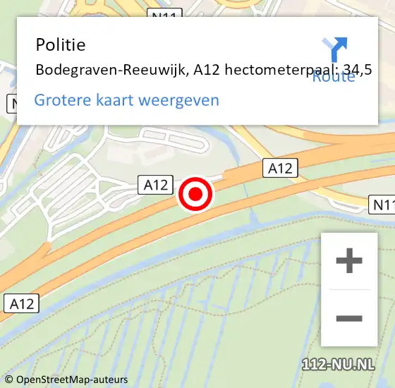 Locatie op kaart van de 112 melding: Politie Bodegraven-Reeuwijk, A12 hectometerpaal: 34,5 op 14 mei 2025 01:06