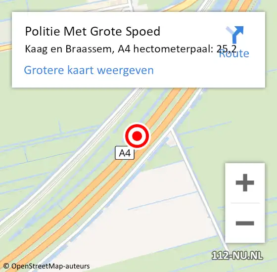 Locatie op kaart van de 112 melding: Politie Met Grote Spoed Naar Kaag en Braassem, A4 hectometerpaal: 25,2 op 14 mei 2025 14:43