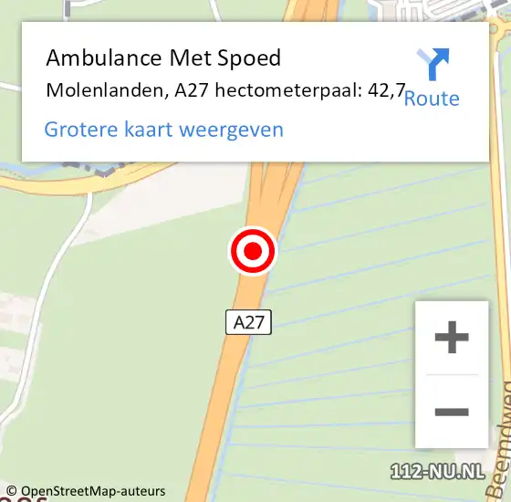 Locatie op kaart van de 112 melding: Ambulance Met Spoed Naar Molenlanden, A27 hectometerpaal: 42,7 op 14 mei 2025 16:01