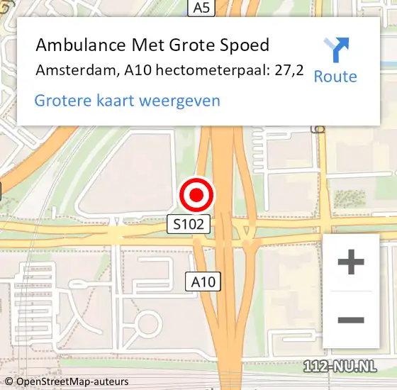 Locatie op kaart van de 112 melding: Ambulance Met Grote Spoed Naar Amsterdam, A10 hectometerpaal: 27,2 op 14 mei 2025 17:35